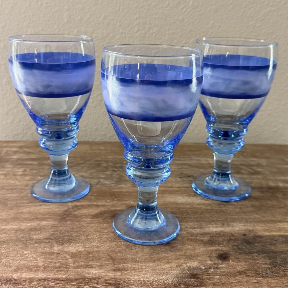 Vintage Libbey Nova Blue Water Goblets 7.5" Spool Stem Glasses - Set of 3